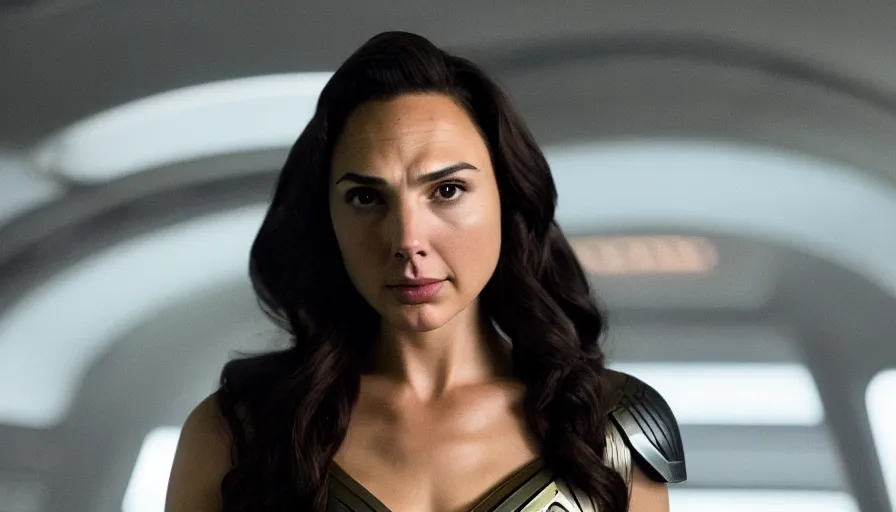 Image similar to Gal Gadot, in full starfleet uniform, is the captain of the starship Enterprise in the new Star Trek movie