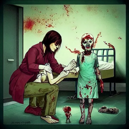 Image similar to “ sensual nurse vaccinating zombie childs in a hospital, fantasy, artwork ”