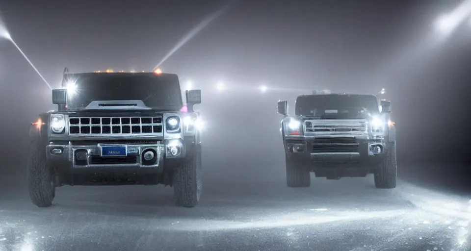 Prompt: silver hummer truck on a stage : : surrounded by fog and a laser show. real photo. realistic.