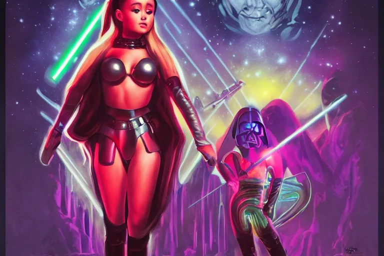 Prompt: ariana grande, star wars by ciruelo cabral and john picacio, trending on artstation, bioluminescence aerial view gothic, movie poster, vibrant colors, infrared, street art
