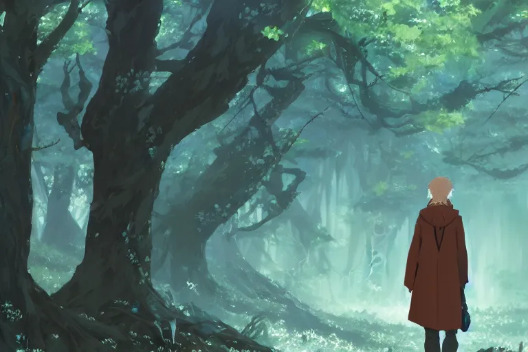 Prompt: maximalist otherworldly forest walking male, wearing coat, trending on pixiv fanbox, painted by makoto shinkai takashi takeuchi studio ghibli, akihiko yoshida, yoshitaka amano, wangechi mutu, clean cel shaded vector art, illustration, hd, 8 k