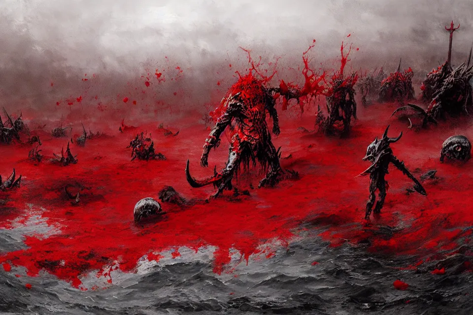 Image similar to the sea of blood and chaos demon, jakub rozalski.