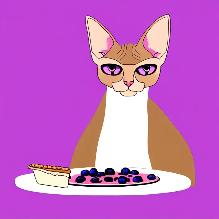 Prompt: an anthropomorphic sphynx cat fursona with big eyes eating a slice of blueberry pie, furry art, cute, minimalist, oil on canvas, soft lighting