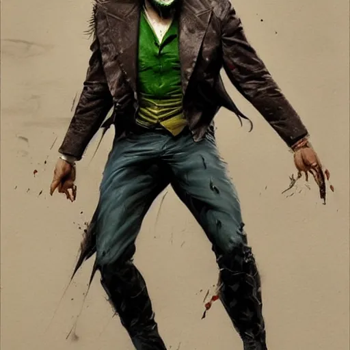 Image similar to jason momoa as joker, full body, dynamic pose, painted by greg rutkowski