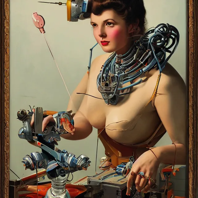 Prompt: robot artist painting a self - portrait on a canvas. intricate, highly detailed, digital matte painting in the style of gil elvgren and in the style of sachin teng and in the style of h. r. giger. irony, recursion, inspiration.