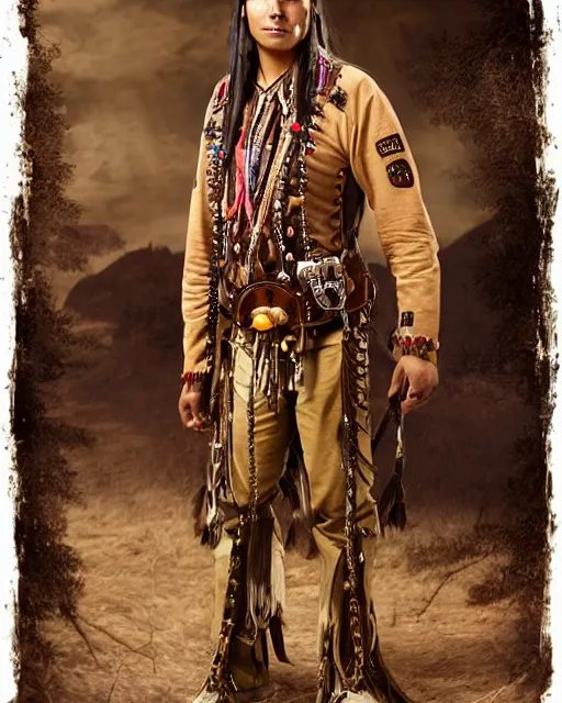 Prompt: character portrait of a young thin native American Indian man, wearing cargo buckskin jacket buckskin tactical toolbelt pockets bandolier full of trinket and baubles, steampunk arcane shaman, deadlands, weird west