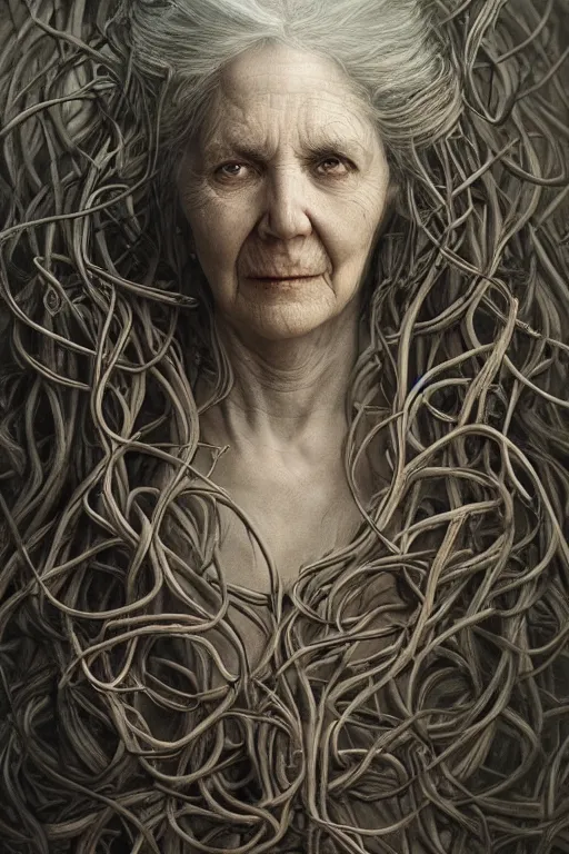 Image similar to realistic portrait beautiful detailed matte painting of cinematic movie scene a crazed old woman with long white hair, tentacles, thorns, vines, horror, created by gustave dore and greg rutkowski, high detailed, smooth draw, synthwave neon retro, intricate, realistic proportions, dramatic lighting, trending on artstation.