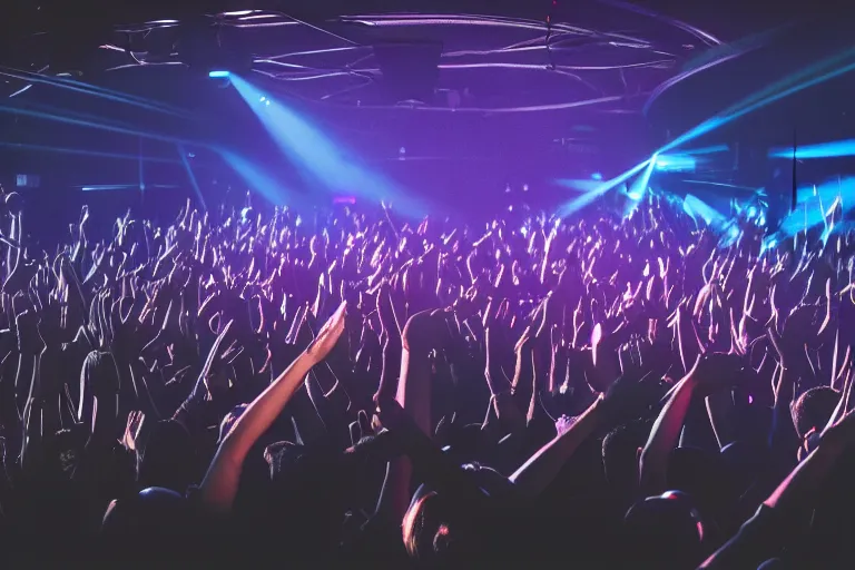 Prompt: crowd partying with their hands up at a club, volumetric lighting, haze, moving heads light beams, spot lights, disco ball, dj on stage with raised hands at the far end, silhouette, digital art, trending on artstation, 4k, unreal engine, intricate, ornate