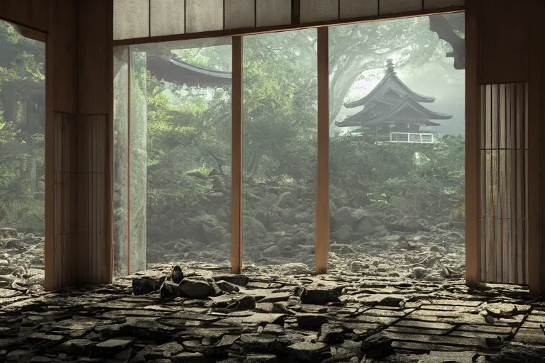 Image similar to ruined, abandoned japanese temple, seen from inside. Diffused light falls through the broken windows. Dirt, leaves on ground. Unreal Engine. Substance painter. Zbrush. Trending on artstation. 8K. Highly detailed.