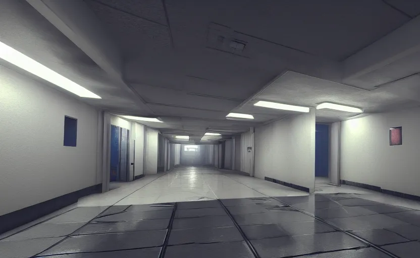 Image similar to screenshot of a first person shooter game on unreal engine 5, narrow modern hallways of a government office facility with white dry wall, psychedelic, photorealistic, retrofuturism, concept art, trending on artstation