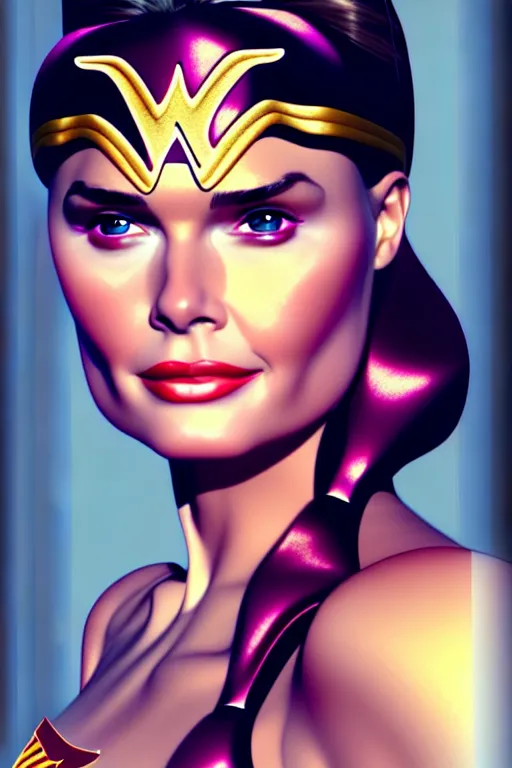 Image similar to portrait of a mix of beautiful young maria shriver, mariel hemmingway, brooke shields and elle macpherson as wonderwoman, thin lips, hair tied up in a pony tail, colorful artstation, cgsociety