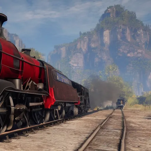 Image similar to futuristic sleek steam locomotive in red dead redemption 2