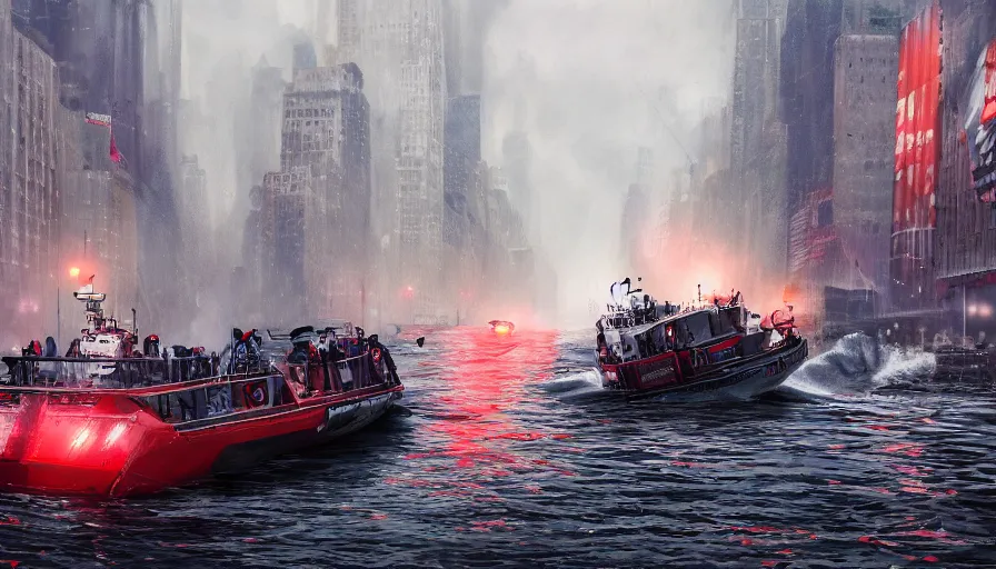 Image similar to rescue boat crossing new york streets after a tsunami, hyperdetailed, artstation, cgsociety, 8 k