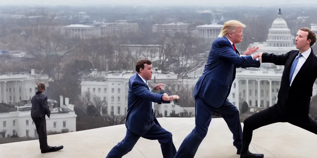 Image similar to a professional cinematic photo of donald trump fighting mark zuckerberg on top of white house. extremely high fidelity. key light.