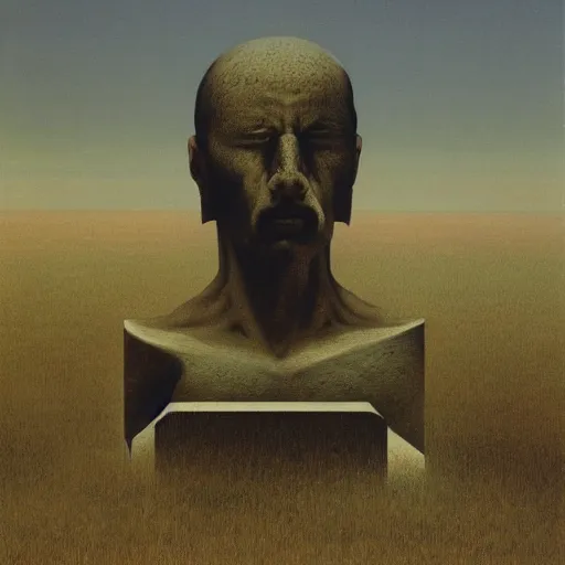 Image similar to the ego separates by zdzisław beksinski, oil on canvas, giant head statue ruins