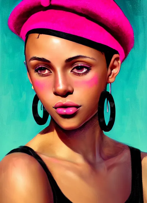 Image similar to portrait of teenage vanessa morgan with bright pink hair, black girl, vanessa morgan, curly pixie cut hair, wearing newsboy cap, newsboy cap, hoop earrings, intricate, elegant, glowing lights, highly detailed, digital painting, artstation, concept art, smooth, sharp focus, illustration, art by wlop, mars ravelo and greg rutkowski