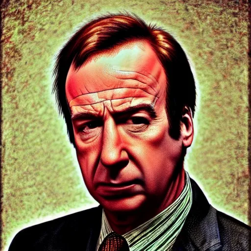 Image similar to a low resolution messy colorized mugshot of saul goodman, grainy, messy, grunged up, low resolution, low quality, realistic, hyperrealistic, 8 k resolution, hd quality, detailed, very detailed, highly detailed, intricate details, trending on artstation, colored, colorized, really realistic, very realistic, real, real life, real world