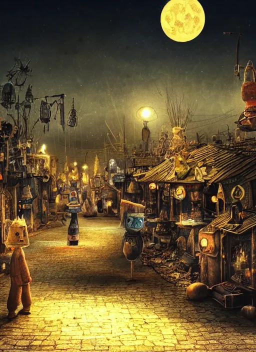 Image similar to Alexander Jansson style, A lunar landscape, darkness, nocturnal lighting, colored spotlights, psychdelic lights, gloom, fast food stalls and street market, extraterrestrials with psychedelic costumes walking and old robots buying and eating, realistic, many details, octane Render Ultra Detailed detailed detailed, Unreal Engine 5, HDRI,