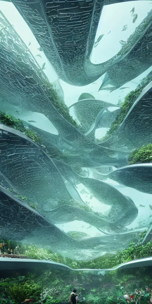 Prompt: underwater view of organic city designed by zaha hadid with trees and people walking, cinematic, night time photograph, cinematic lighting, school of sharks, vfx film, ultrarealistic, artstation trending, 8 k