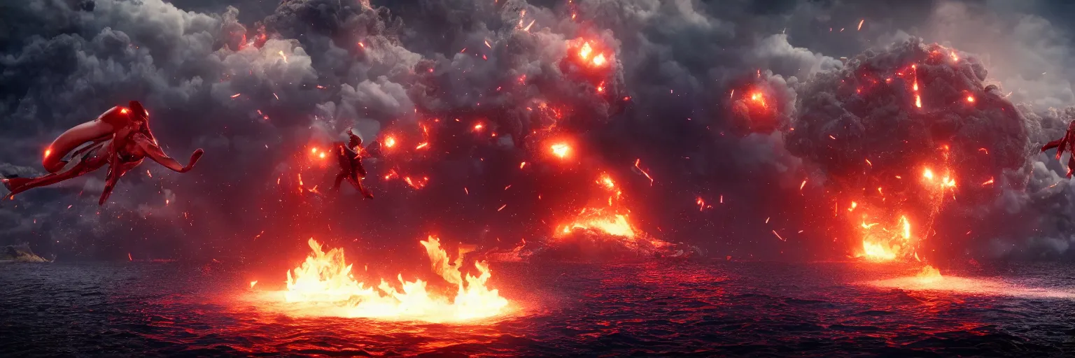 Image similar to two characters clashing & fighting over planet earth, one side water & Waterspouts & one side fire & volcano, octane render, future