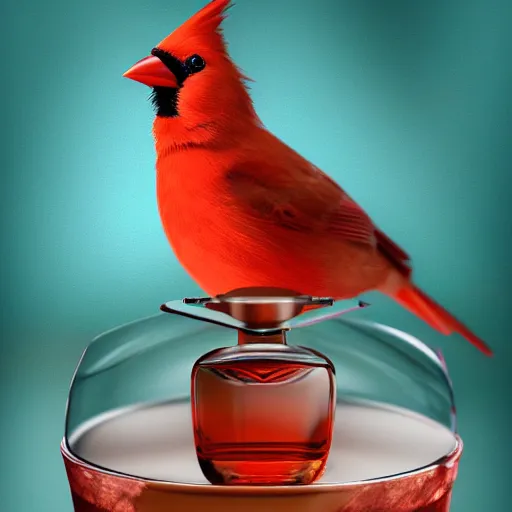 Image similar to a photorealistic photograph of a red Cardinal bird swimming inside of an Armagnac decanter at a polo lounge Trending on Artstation, featured on Behance, well-rendered, Unreal Engine, 4K HD