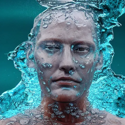 Image similar to a sculpture made of water in the shape of a human head, on the ocean water, water manipulation photoshop, cgsociety, cinematic, in the style of johnson tsang, long shot, hyper detailed, hyper realistic, ray tracing, 8 k resolution, sharp focus, realistic water, award winning