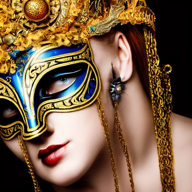 Image similar to female warrior with ornate venetian mask highly detailed, 4 k, hdr, close up, portrait, smooth, sharp focus, high resolution, award - winning photo