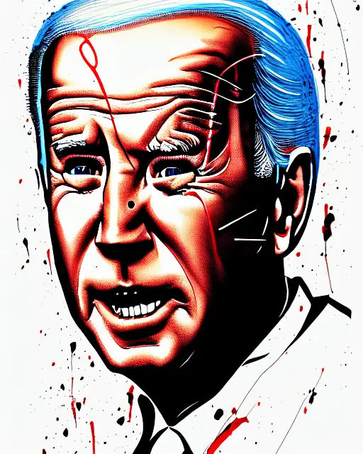 Prompt: an political caricature of joe biden, by gerald scarf and ralph steadman, illustration, ink drips, front angle, ink splatters, pen and ink, flat color, distorted features, spittle, drawing, facing front, anatomically correct, beautiful perfect face, sharp focus, highly detailed, cinematic lighting, 8 k, hd