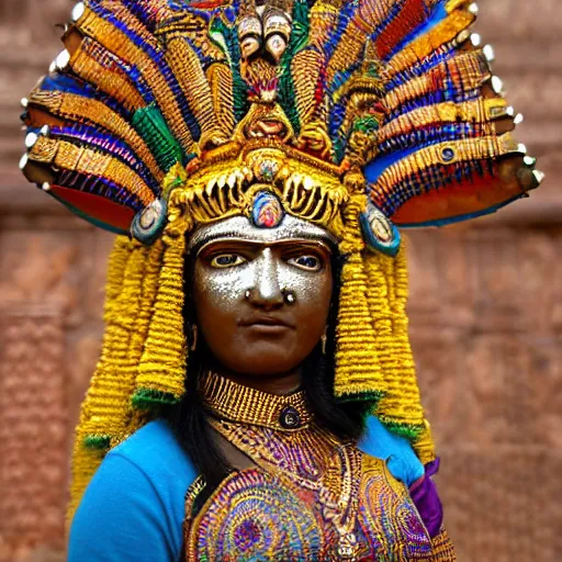 Prompt: a woman wearing an armor and head - dress. the armor and head - dress is made out of the colors, textures and sculptures of the meenakshi temple in madurai. intricate. detailed.