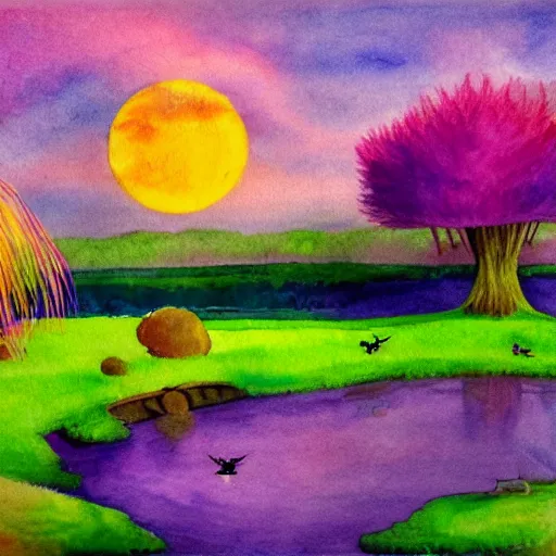 Image similar to a landscape with a purple sun with cotton candy trees flying ducks, the lorax, water color