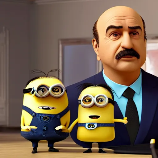 Prompt: Dr Phil in the Minions Rise of Gru 2022, photorealistic, hyper detailed, 8k, Rendered in Unreal Engine. Trending on Artstation