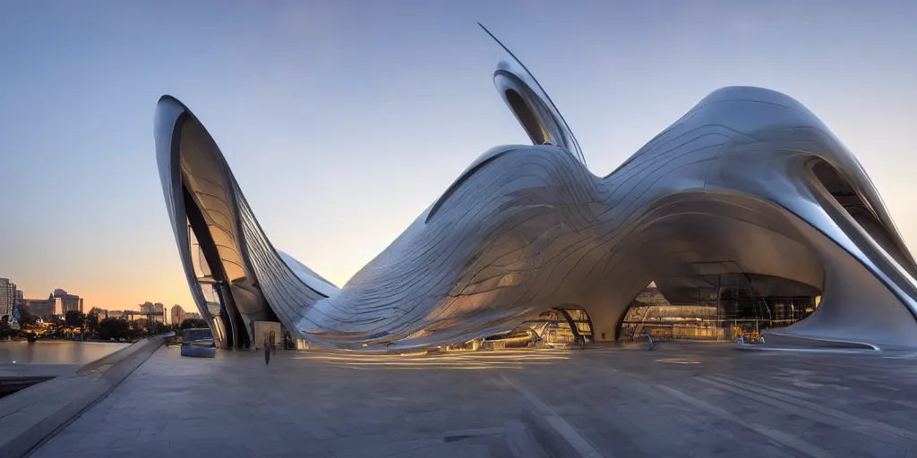 Image similar to extremely elegant smooth detailed stunning sophisticated beautiful elegant futuristic museum exterior by Zaha Hadid, Milan buildings in the background, smooth curvilinear design, stunning volumetric light, stainless steal, concrete, translucent material, beautiful sunset, tail lights