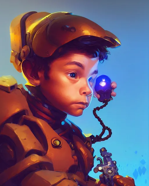 Prompt: a tiny boy with a huge power glove, bust shot, smooth, intricate, elegant, power aura, digital painting, artstation, concept art, sharp focus, illustration, art by justin gerard and josan gonzalez, high contrast