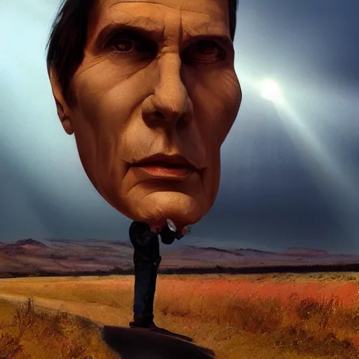 Image similar to Giant head of david copperfield on a humanoid car, running fast on a californian highway, rays of light, particles light, kuvshinov ilya