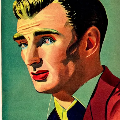 Image similar to Chris Evans portrait, color vintage magazine illustration 1950