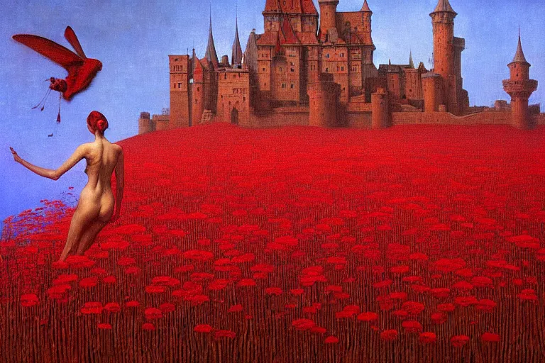 Image similar to only with red, red flowers of different types, a red tiger, a castle in the background, medieval demons dance over the flowers, an ancient path, in the style of beksinski, part by hopper, part by rodcenko, part by hofbauer, intricate composition, red by caravaggio, insanely quality, highly detailed, masterpiece, red light, artstation