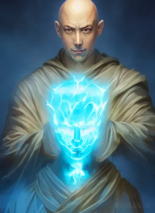 Prompt: a portrait fantastical glowing bald young monk made of blue aura and energy illustrated by artgerm and greg rutkowski