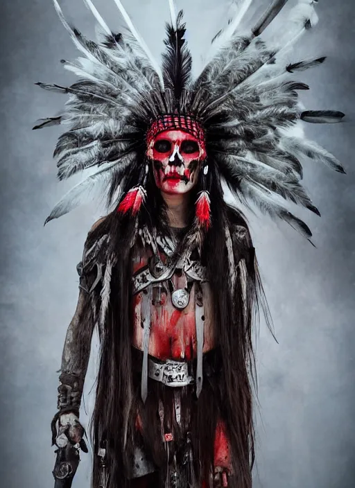 Image similar to the ghost - spirit of the grim - warpaint wears the scarlet skull armor and native blood headdress feathers, midnight fog - mist!, dark oil painting colors, realism, cinematic lighting, various refining methods, micro macro autofocus, ultra definition, award winning photo