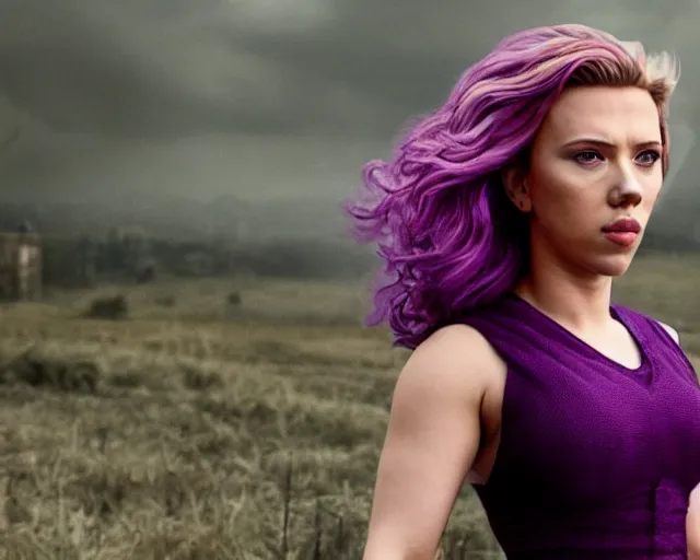 Prompt: Scarlett Johansson in epic knife battle pose, cinematic, 4k, hyper realistic, super detailed, purple hair