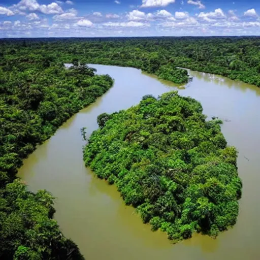 Prompt: a photo taken by a drone over the amazon river with 112 different animals scattered in the water