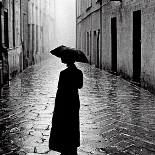 Image similar to fine art photograph of a woman seen from behind she is waiting for the rain to stop, cobblestone street, by henri cartier - bresson