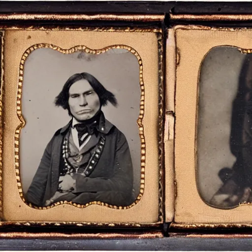 Prompt: native american dressed as a 18 century American business man highly focused detailed daguerreotype photo