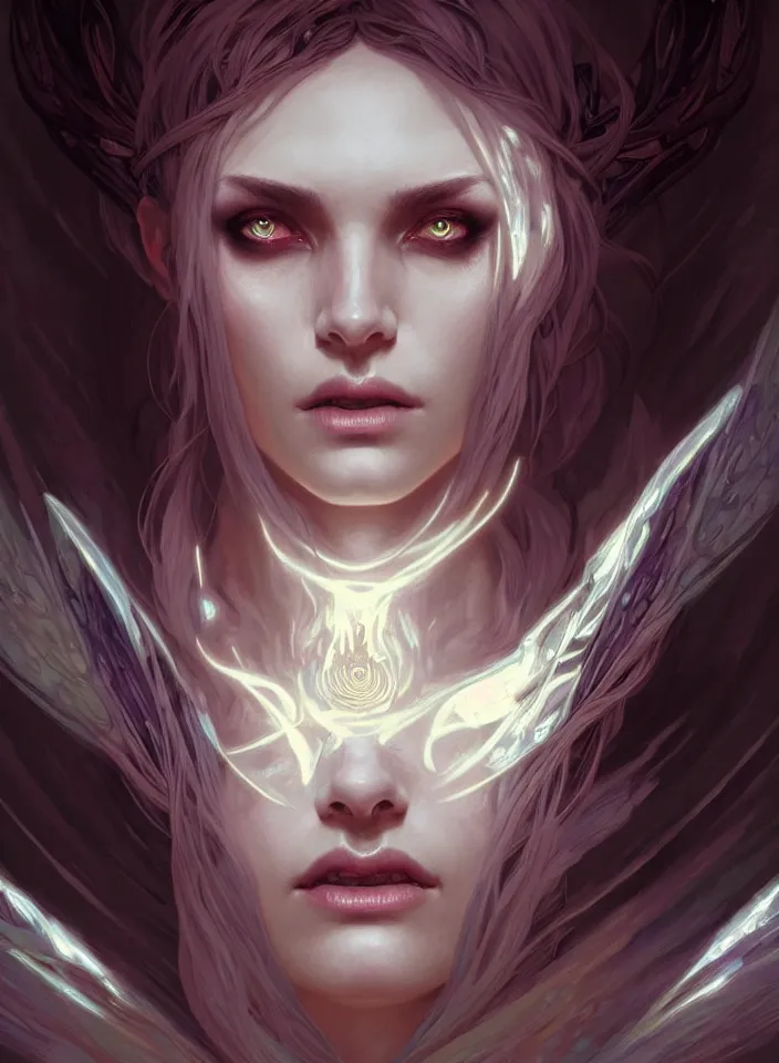 Image similar to Necromancer Sorceress face in center, fantasy magic, undercut hairstyle, dark light night, intricate, elegant, sharp focus, illustration, highly detailed, digital painting, concept art, matte, art by WLOP and Artgerm and Greg Rutkowski and Alphonse Mucha, masterpiece