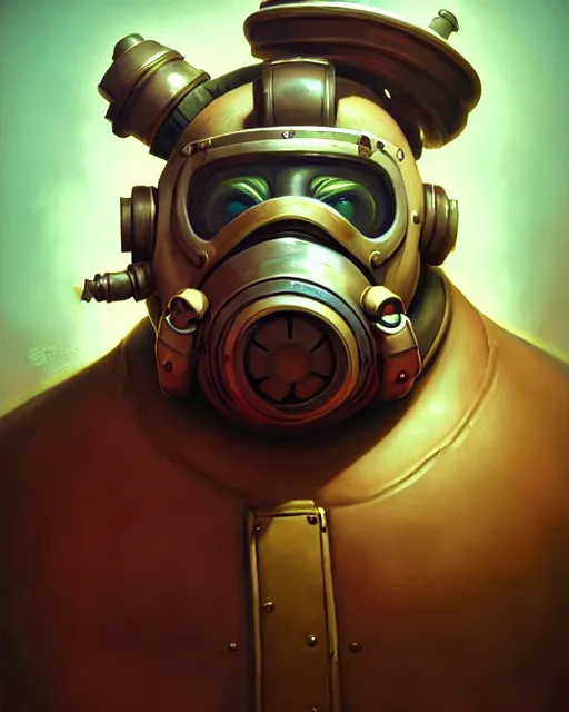 Image similar to roadhog from overwatch, gas mask, character portrait, portrait, close up, highly detailed, intricate detail, amazing detail, sharp focus, vintage fantasy art, vintage sci - fi art, radiant light, caustics, by boris vallejo