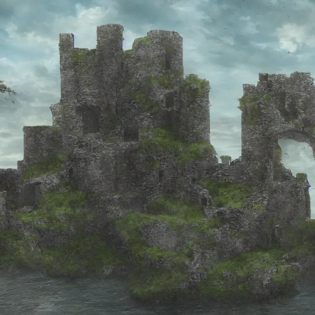Image similar to looking up at a ruined castle on a small island only reachable by a small land bridge, 8 k, ultra realistic cinematic, intricate, cinematic light, concept art, illustration, art station