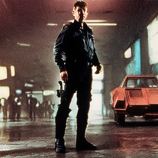 Image similar to film still blade runner Officer Deckard wearing techwear