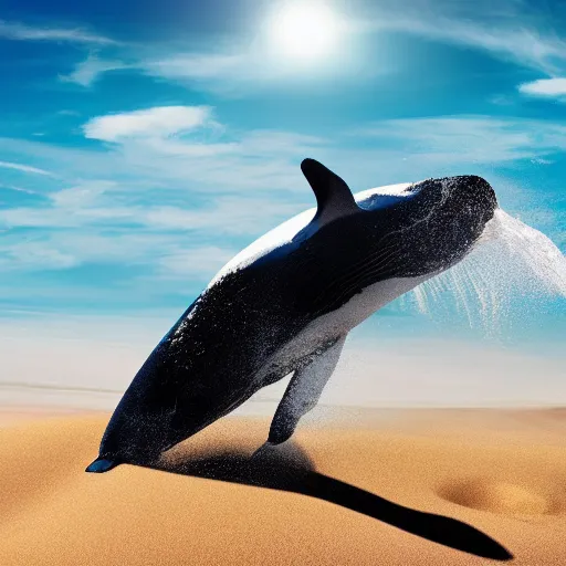 Image similar to a magic whale jumping out of the sand majestically, realistic, 4 k