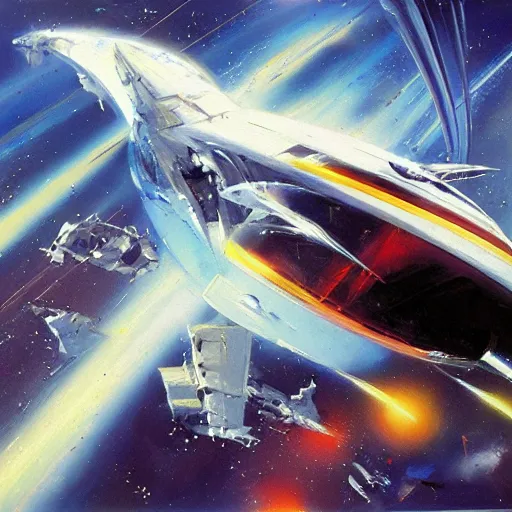 Image similar to futuristic spaceship jumping to warp lightspeed concept art oil painting by john berkey , minimal detailed, brush hard