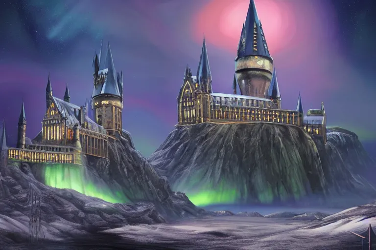 Image similar to mysterious painting of Hogwarts under the northern lights, immaculate scale, hyper-realistic, Unreal Engine, Octane Render, digital art, trending on Artstation, 16k, detailed, atmospheric, immaculate