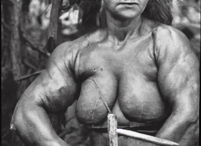 Image similar to A Very muscular miner woman, 90's professional color photograph.